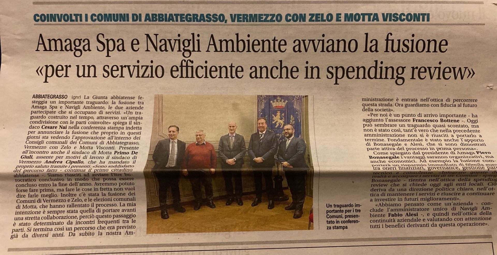 Ritaglio stampa: Amaga Spa e Navigli Ambiente avviano la fusione