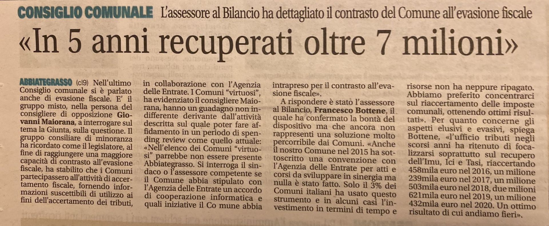 Ritaglio stampa: «In 5 anni recuperati oltre 7 milioni»