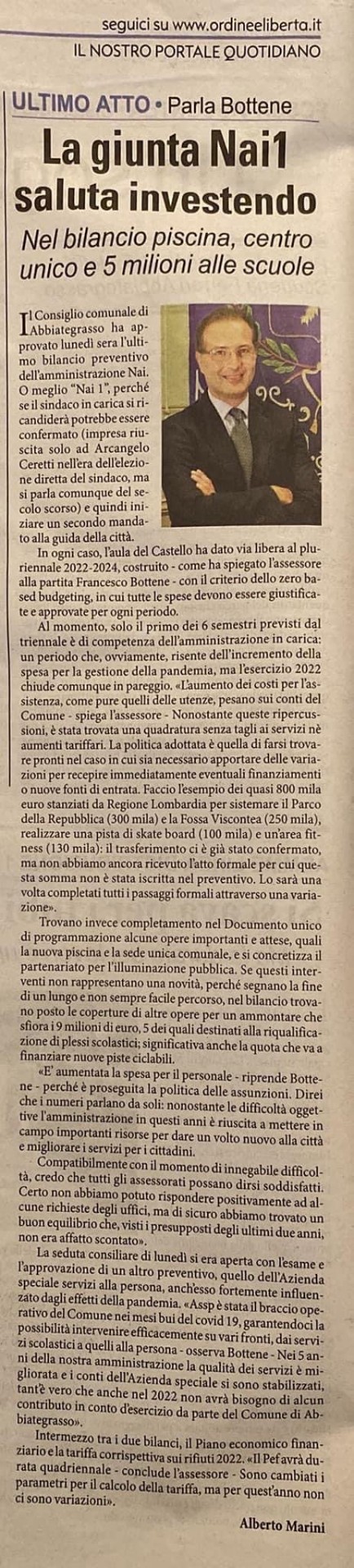 Ritaglio stampa: «La giunta Nai1 saluta investendo»