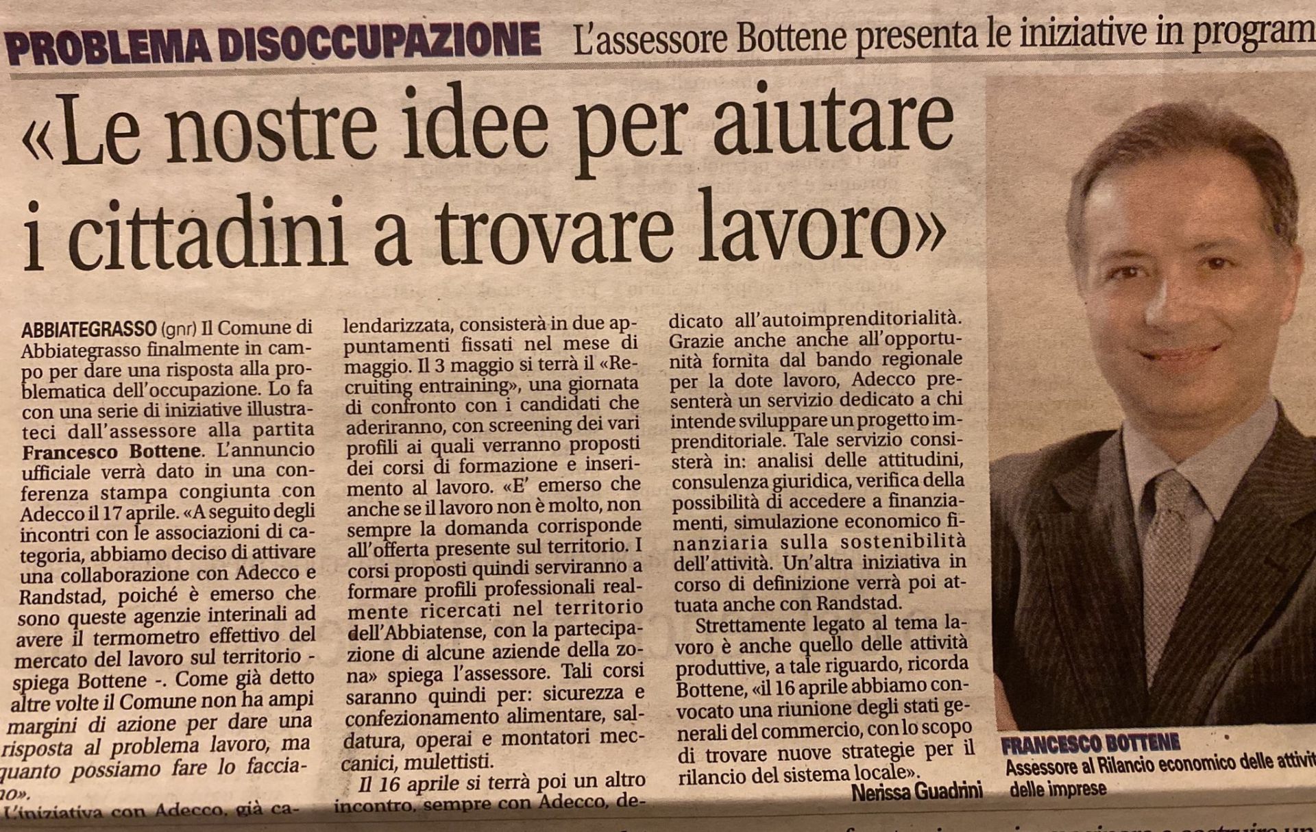 Ritaglio stampa: «Le nostre idee per aiutare i cittadini a trovare lavoro»