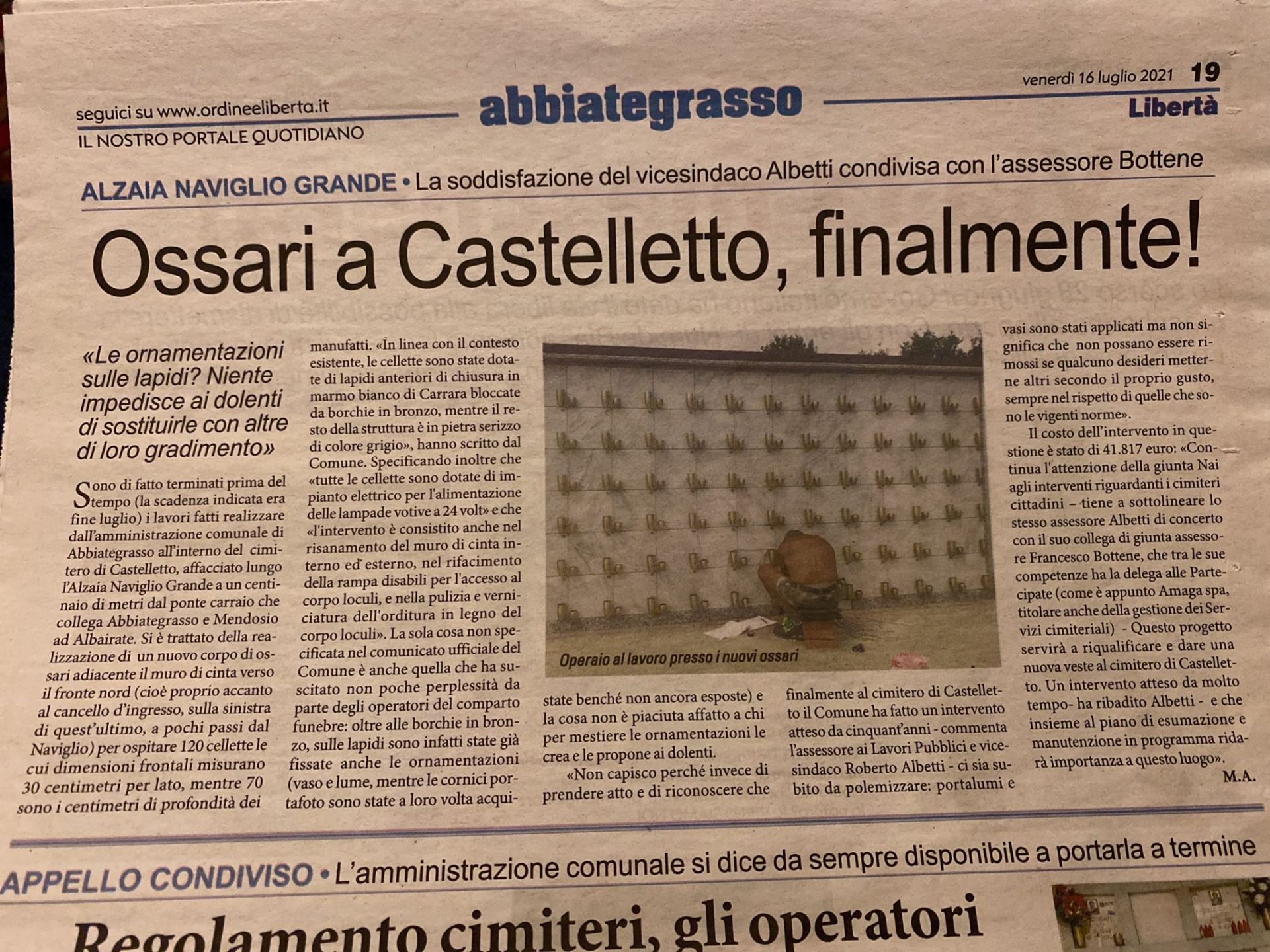 Ritaglio stampa: Ossari a Castelletto, finalmente!